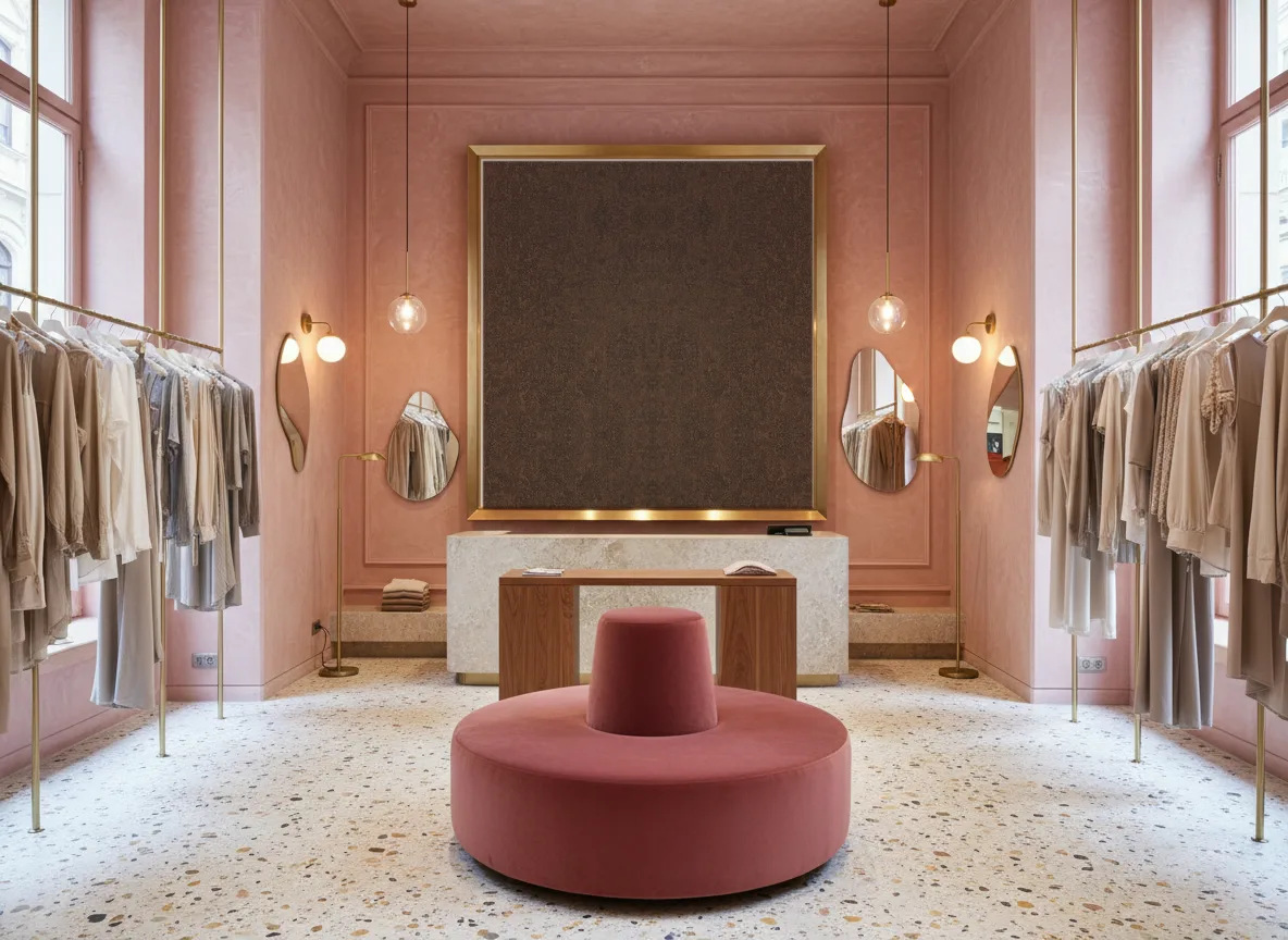 Tapeta obiektowa Bruce W15 — Różowy butik — pole w mosiężnej ramie