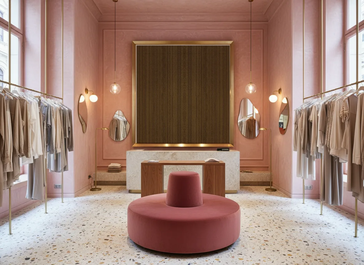 Tapeta obiektowa Cora W18 — Różowy butik — pole w mosiężnej ramie