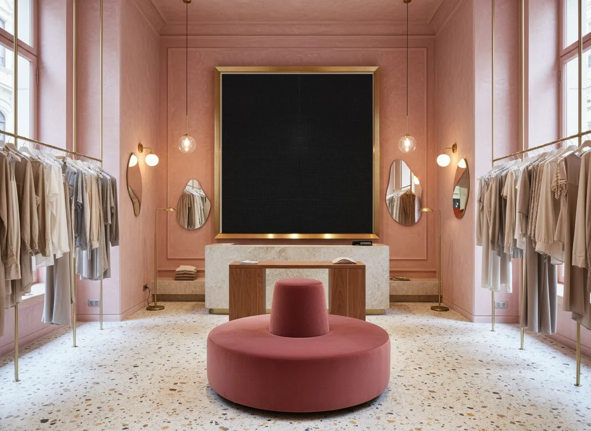 Tapeta obiektowa Kris W58 — Różowy butik — pole w mosiężnej ramie