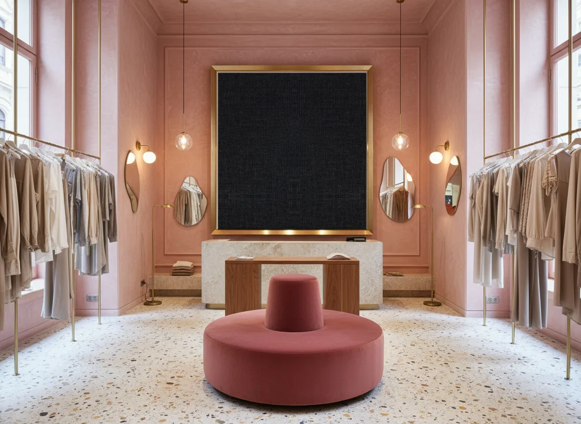 Tapeta obiektowa Milo W29 — Różowy butik — pole w mosiężnej ramie