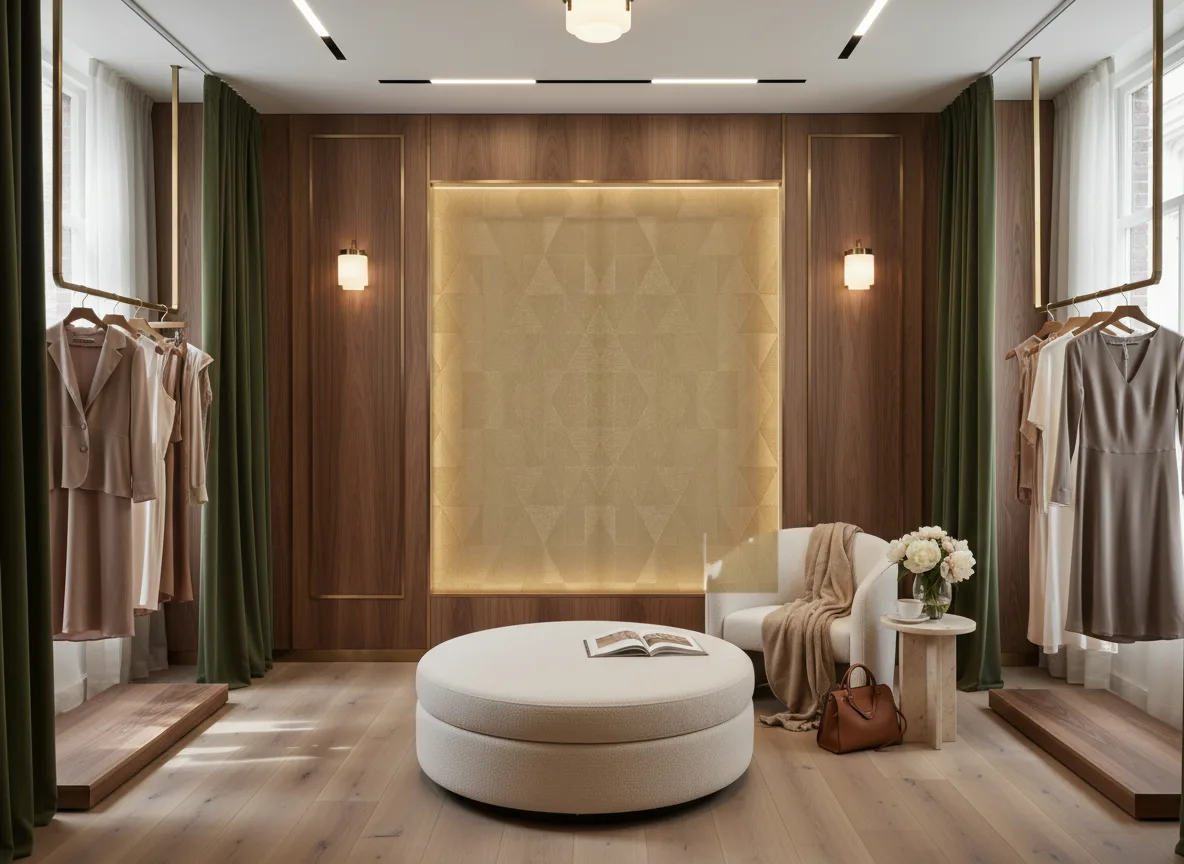 Iquira Textures Metalliques — Butik — podświetlona ściana przymierzalni