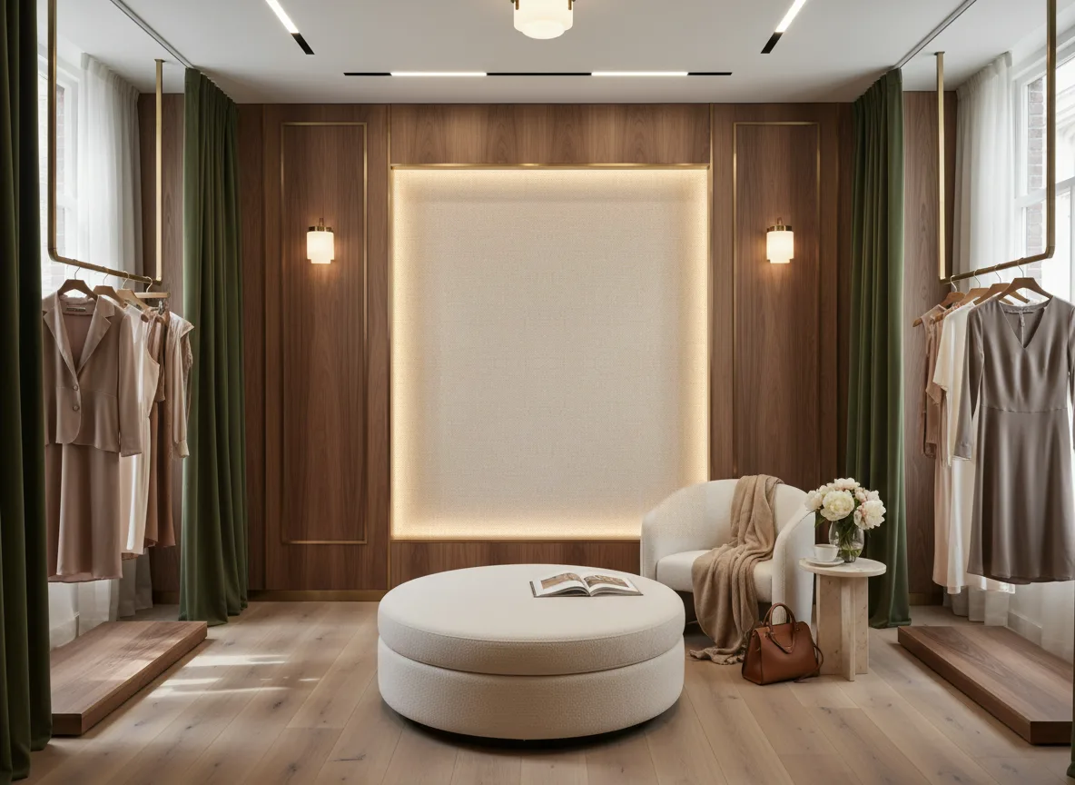 Vinacoustic Linen 3 — Butik — podświetlona ściana przymierzalni
