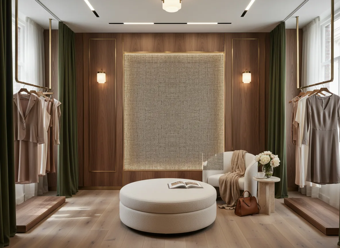 Vinacoustic Melia — Butik — podświetlona ściana przymierzalni