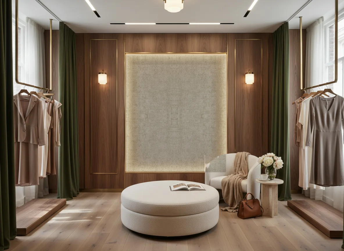 Vinacoustic Stone — Butik — podświetlona ściana przymierzalni