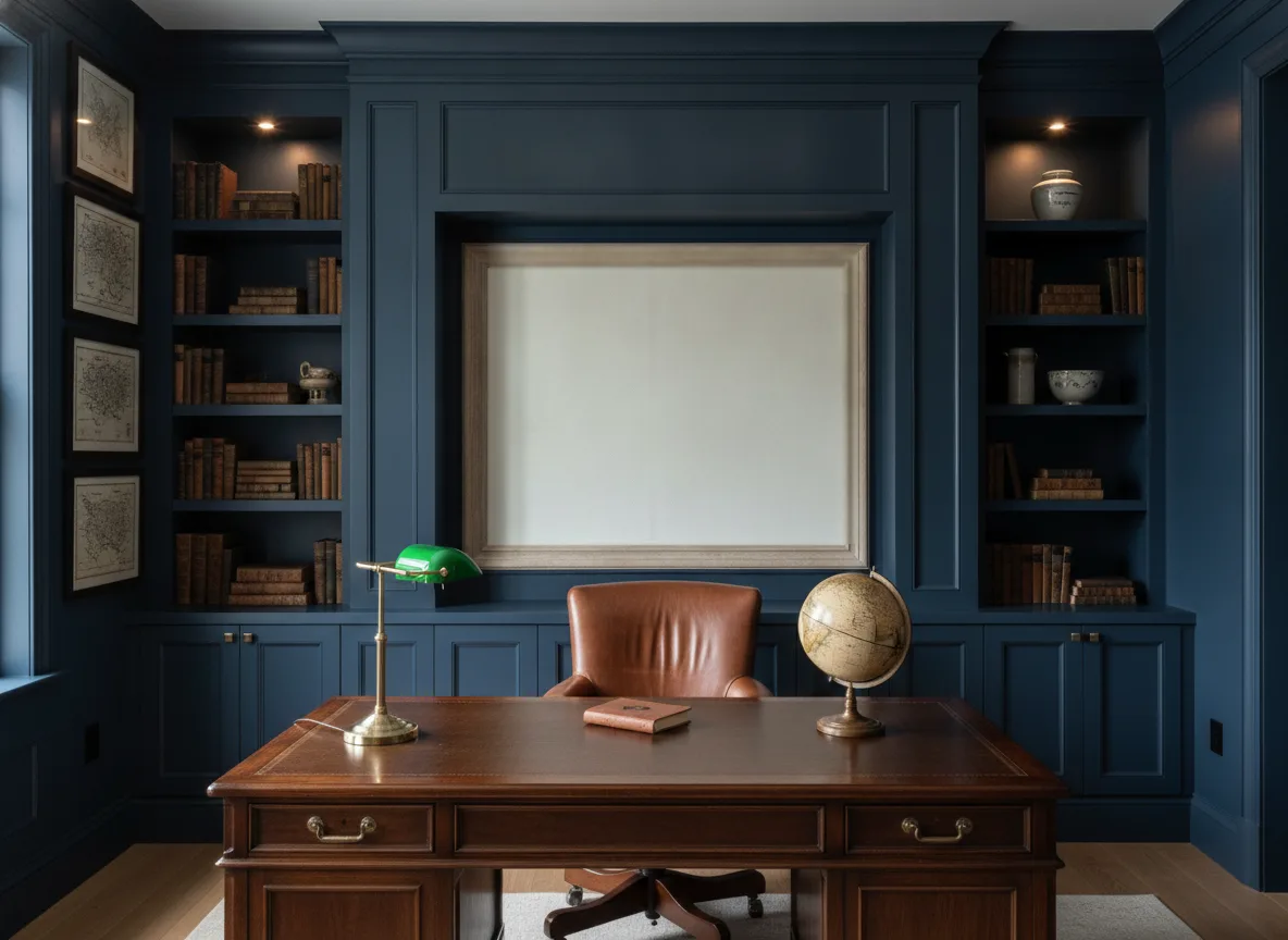 Vinacoustic Tivoli — Granatowy gabinet — pole w ramie nad biurkiem