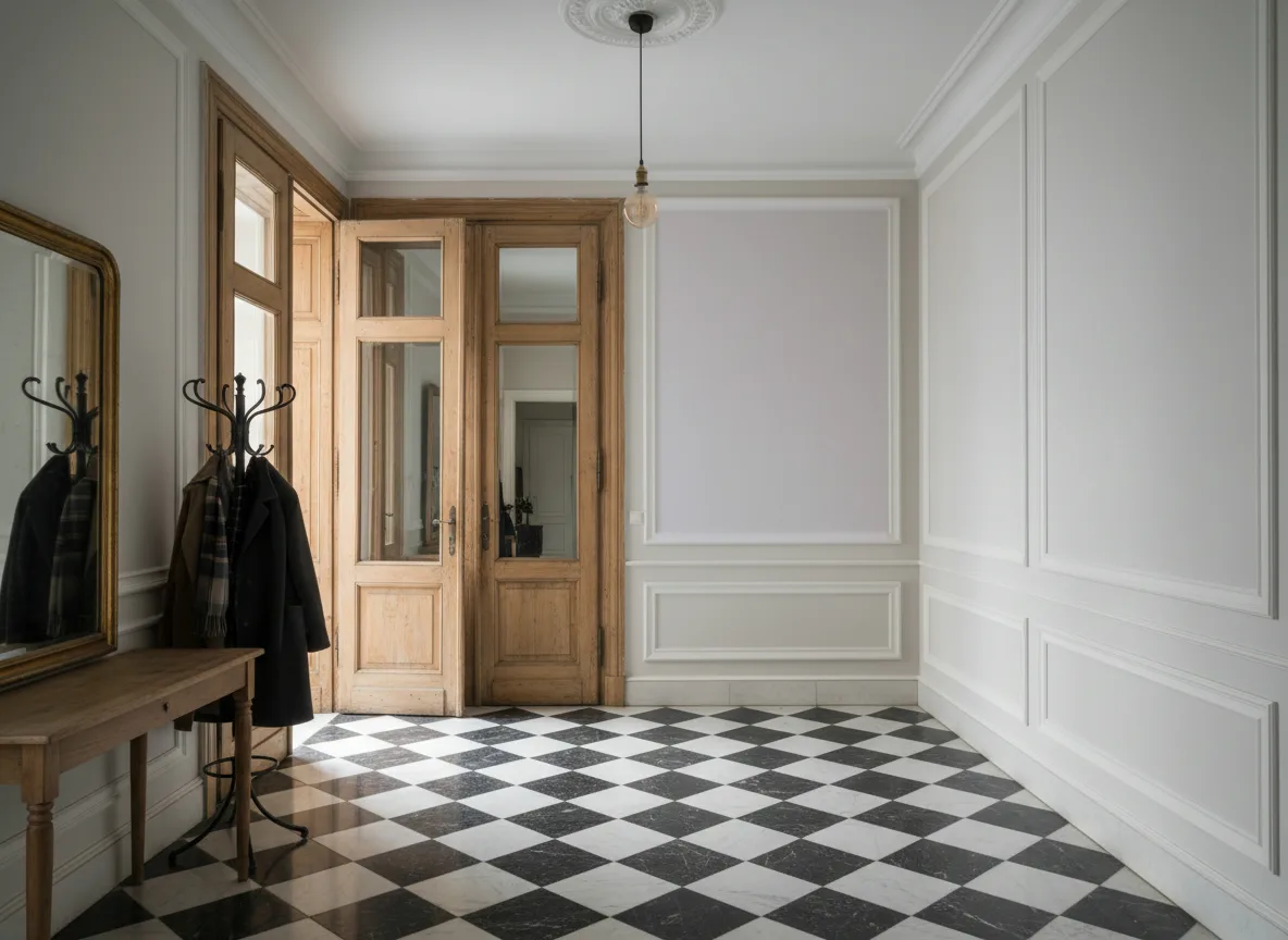 Minimalistyczna — Hol w krakowskiej kamienicy — kwatera w listwach