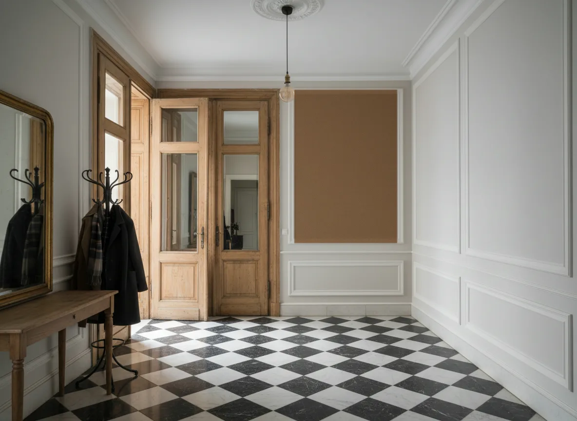 Minimalistyczna metaliczna — Hol w krakowskiej kamienicy — kwatera w listwach