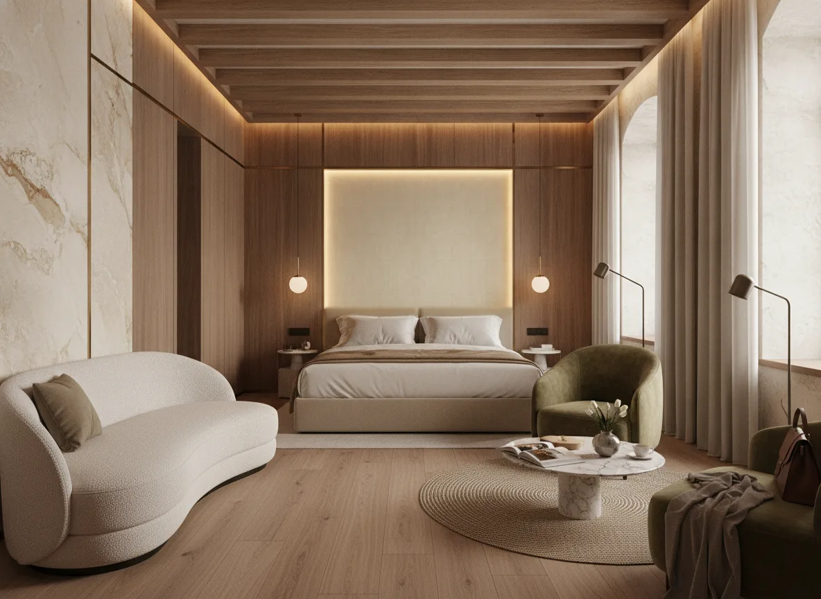 Bizen Texture Cerame — Pokój w hotelu butikowym — podświetlone pole nad łóżkiem
