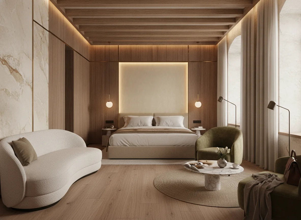 Keramos Texture Cerame — Pokój w hotelu butikowym — podświetlone pole nad łóżkiem