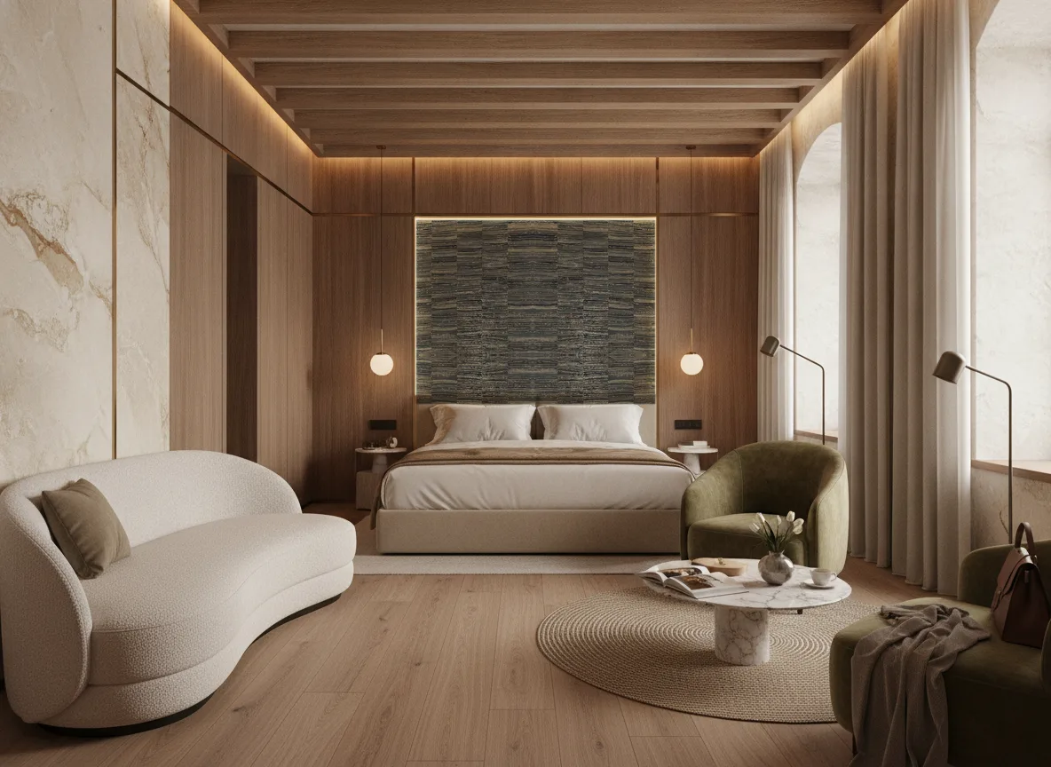 Lirio Nature Precieuse – Textures — Pokój w hotelu butikowym — podświetlone pole nad łóżkiem