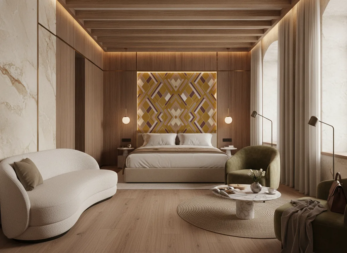 Shapes Delta — Pokój w hotelu butikowym — podświetlone pole nad łóżkiem