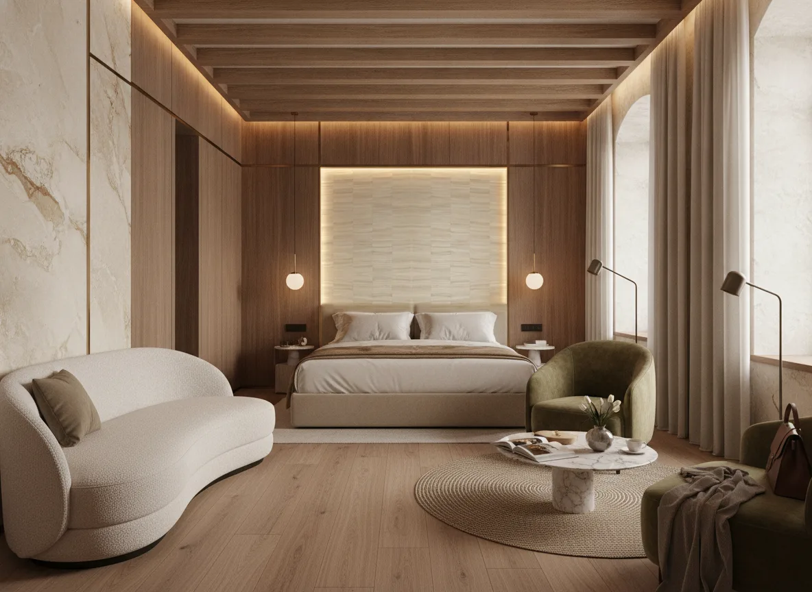 Stylosa Nature Precieuse – Textures — Pokój w hotelu butikowym — podświetlone pole nad łóżkiem