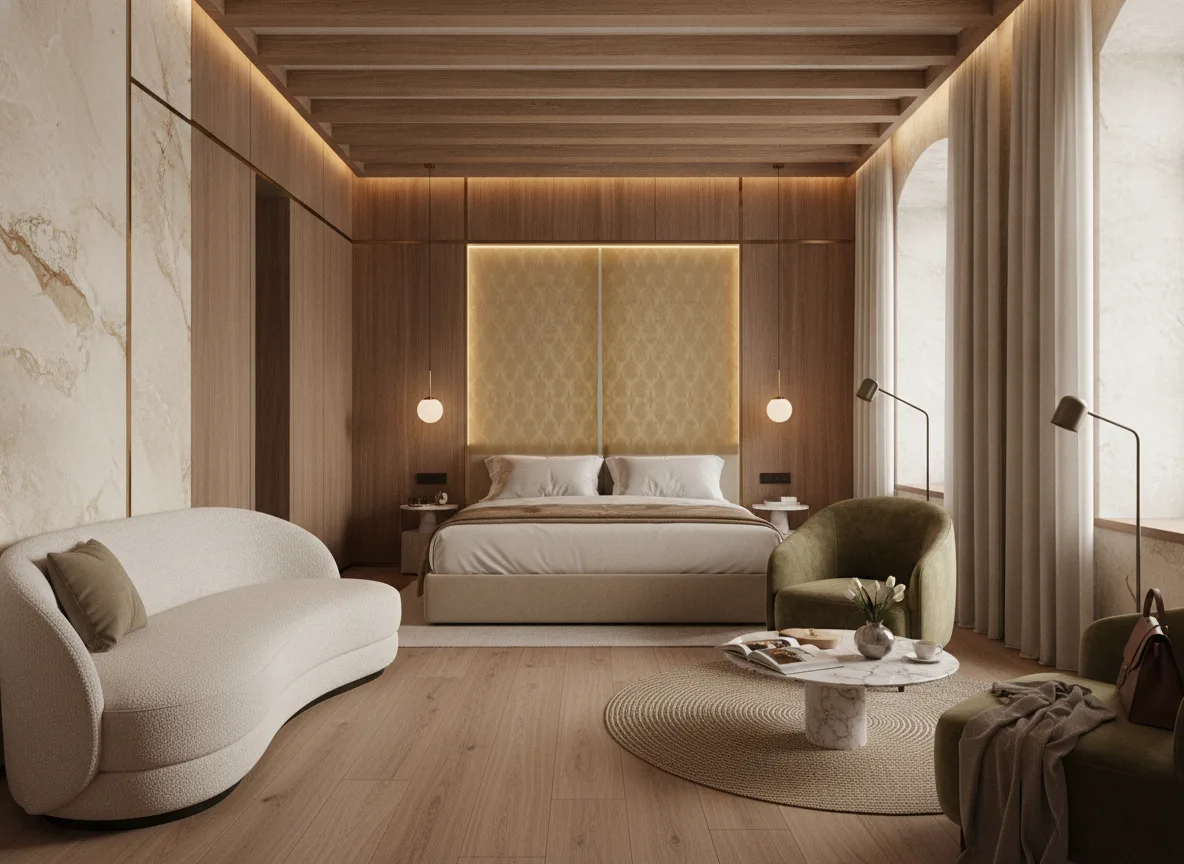 Tourmaline Textures Metalliques — Pokój w hotelu butikowym — podświetlone pole nad łóżkiem