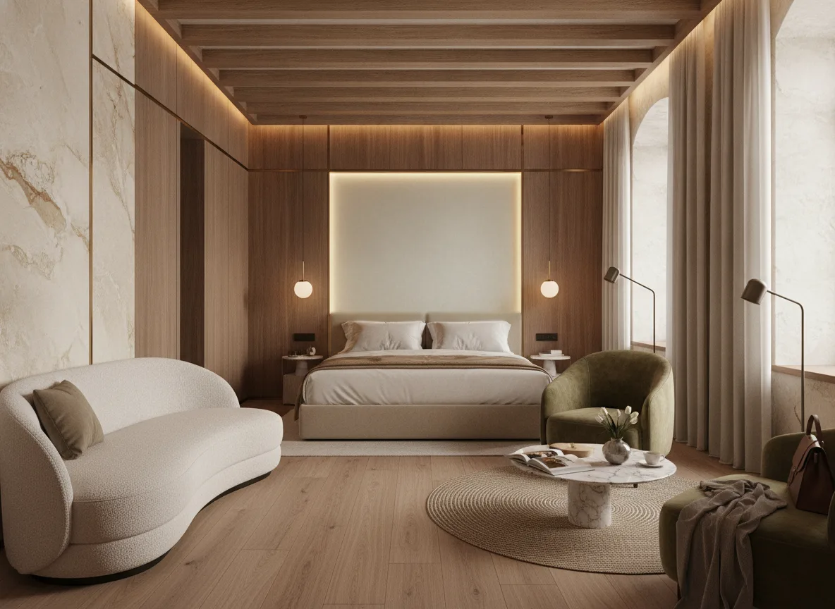 Concept Shimmer — Pokój w hotelu butikowym — podświetlone pole nad łóżkiem