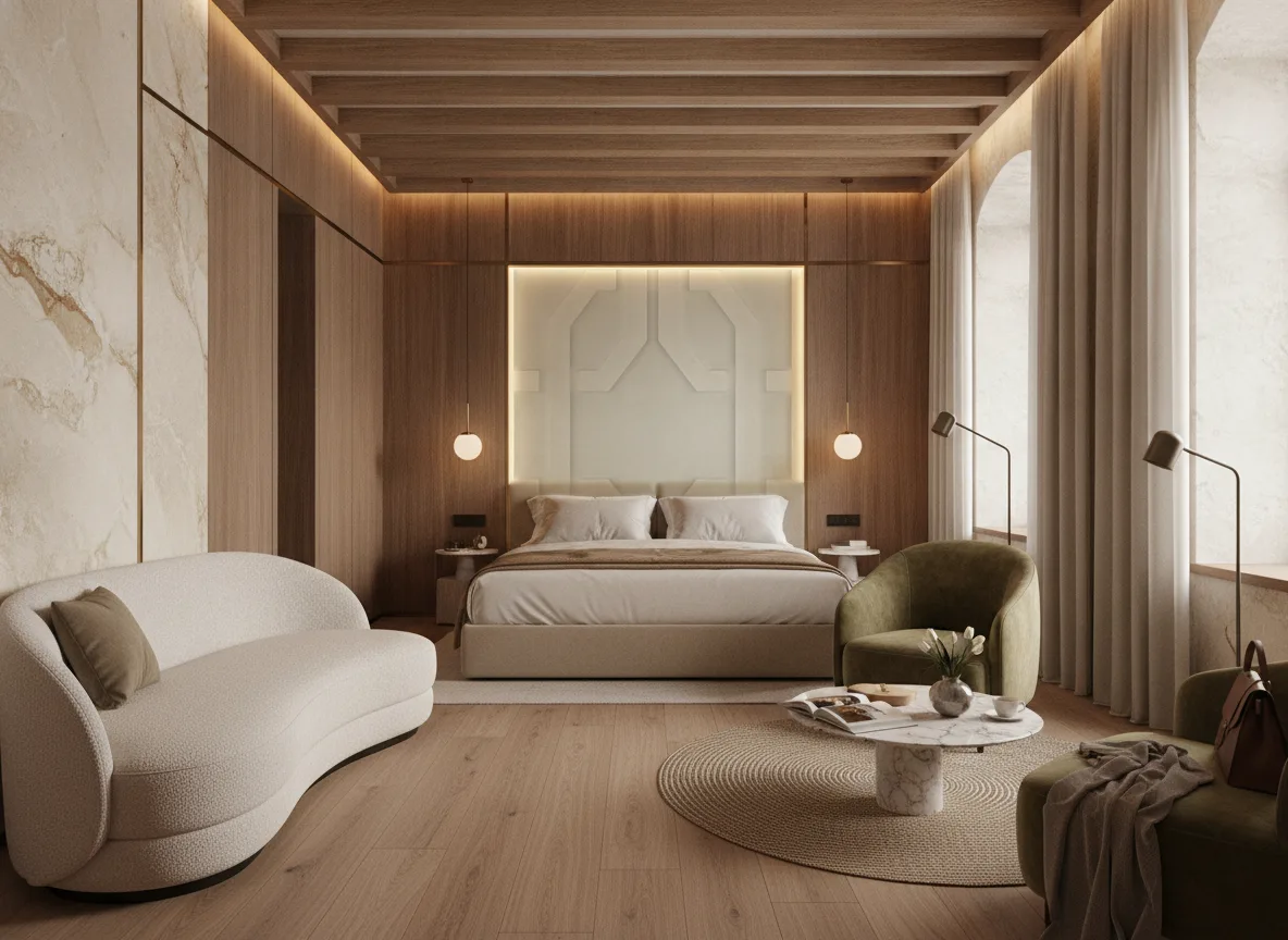 Polyform Eos Allure — Pokój w hotelu butikowym — podświetlone pole nad łóżkiem