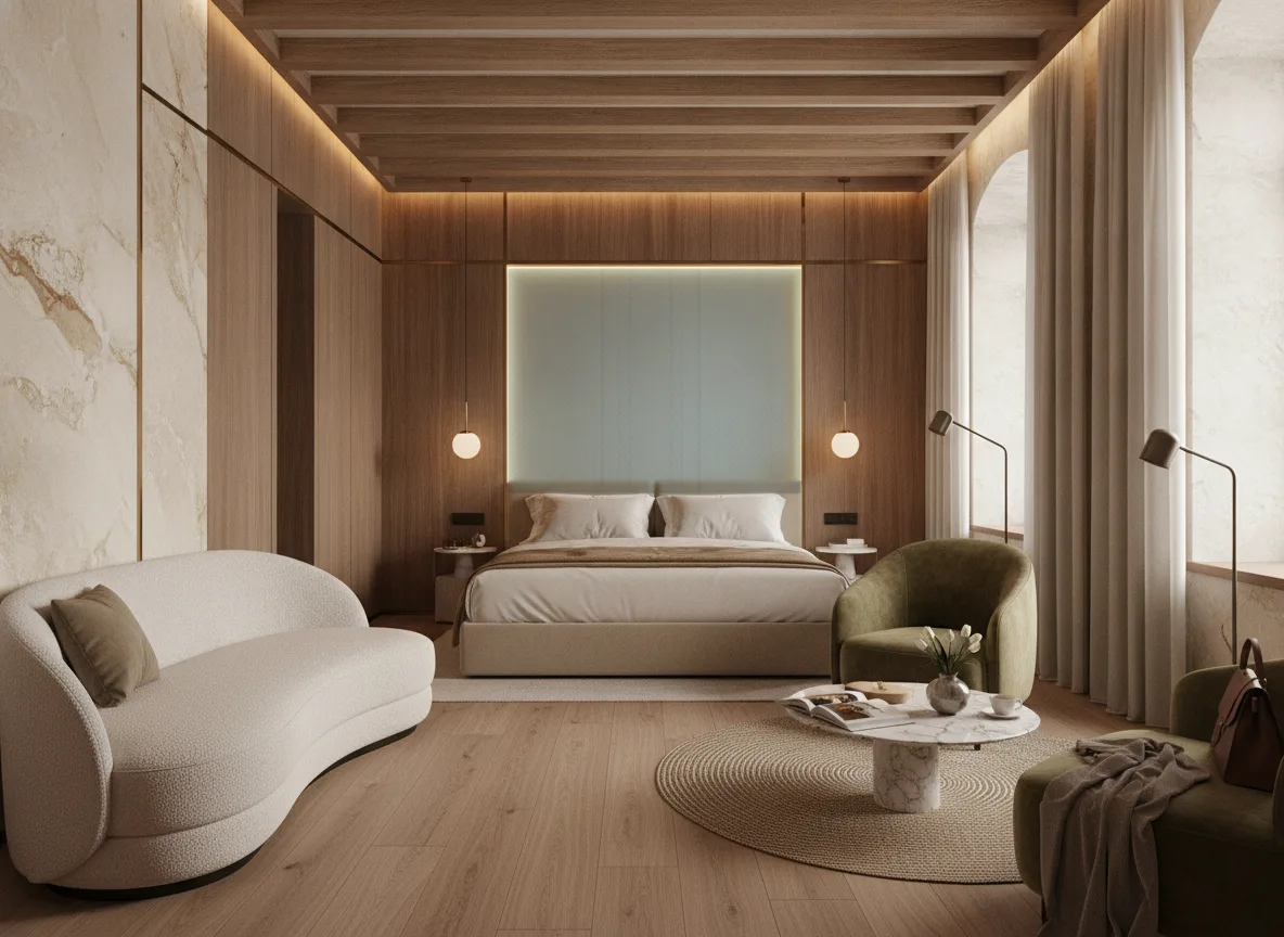 Polyform Eos Vertigo — Pokój w hotelu butikowym — podświetlone pole nad łóżkiem