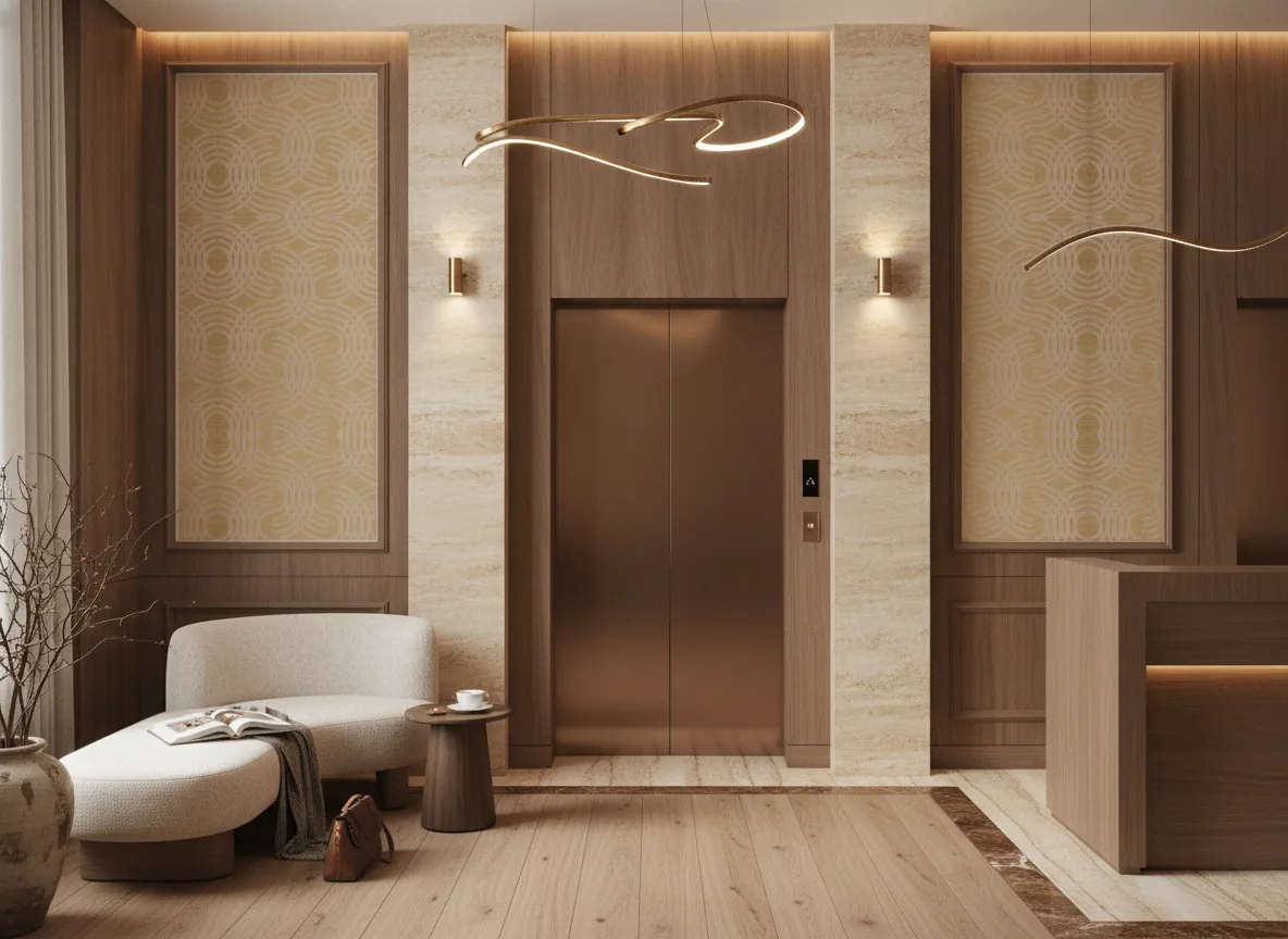Auraria Textures Metalliques — Hol przy windach w hotelu — dwie wysokie ramy