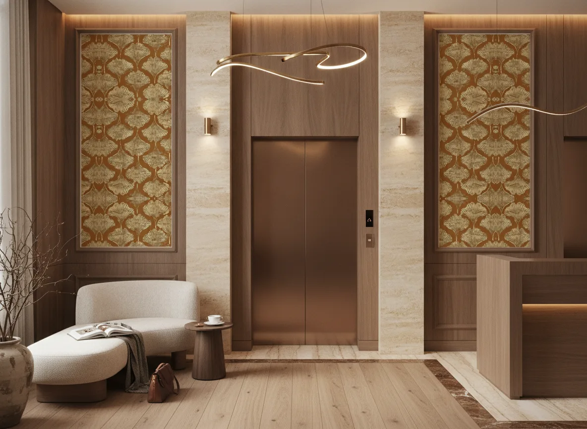Yinkuo — Hol przy windach w hotelu — dwie wysokie ramy