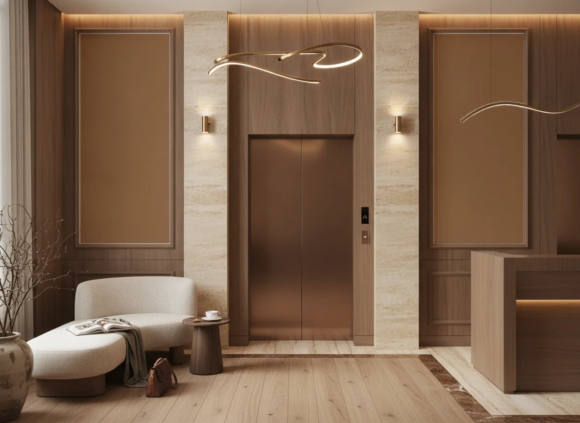 Minimalistyczna metaliczna — Hol przy windach w hotelu — dwie wysokie ramy