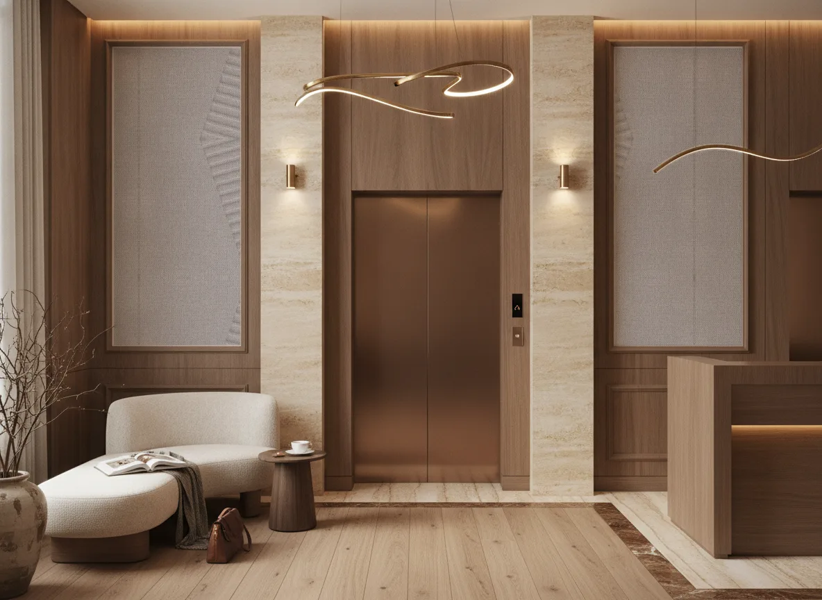 Polyform Vinacoustic Arcad — Hol przy windach w hotelu — dwie wysokie ramy