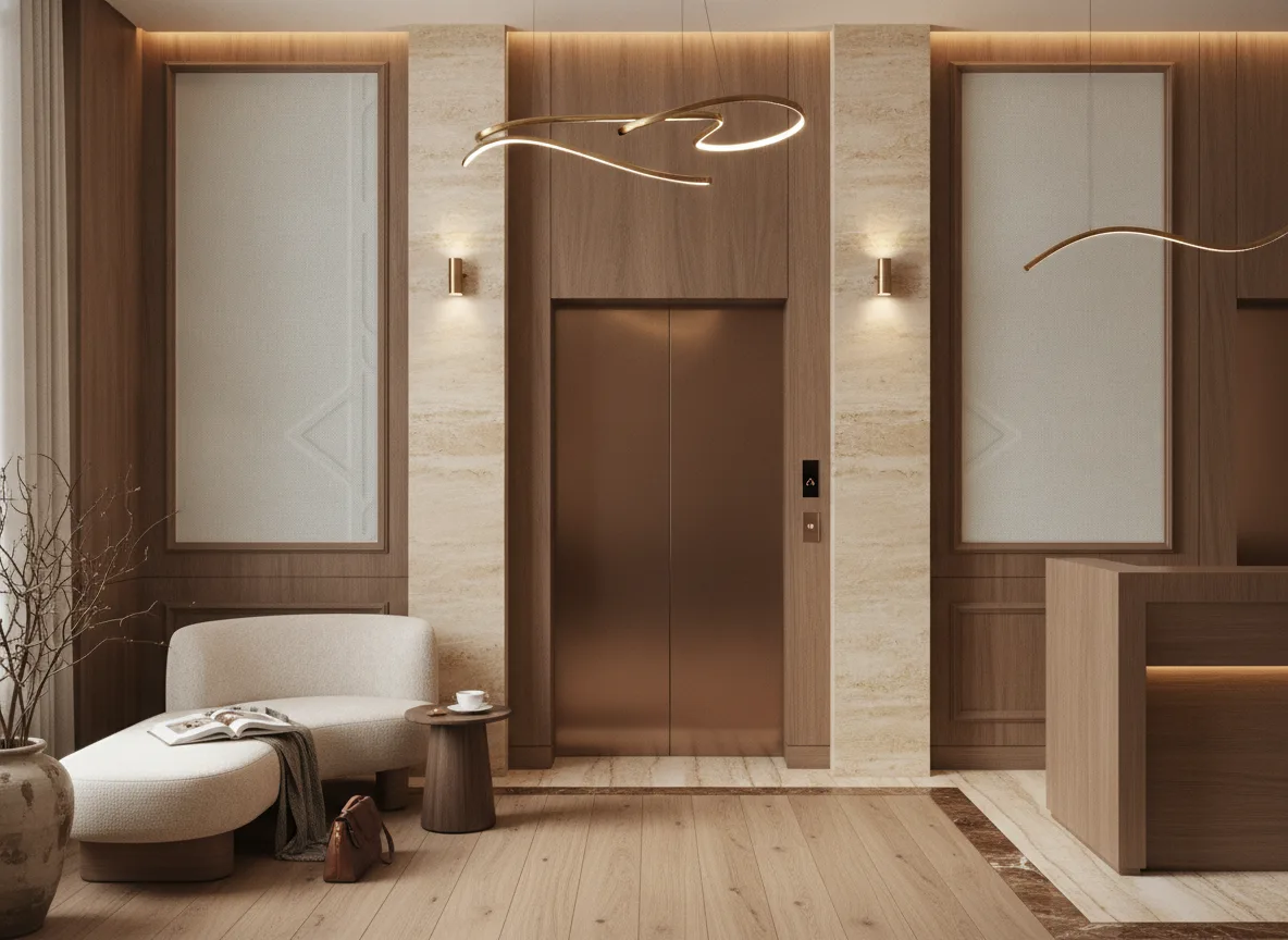 Polyform Vinacoustic Gallery — Hol przy windach w hotelu — dwie wysokie ramy