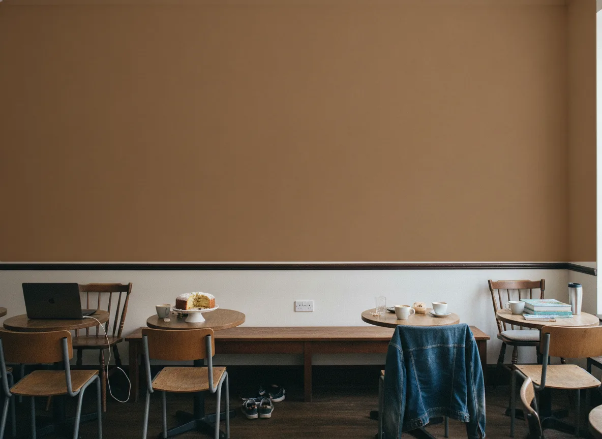 Minimalistyczna metaliczna — Kawiarnia osiedlowa — ściana nad ławą
