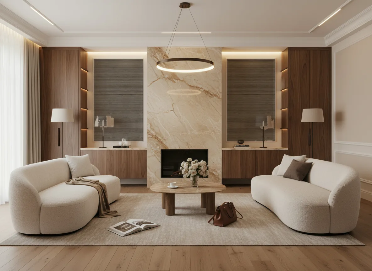Bambou — Salon z kominkiem — symetryczne kwatery w listwach