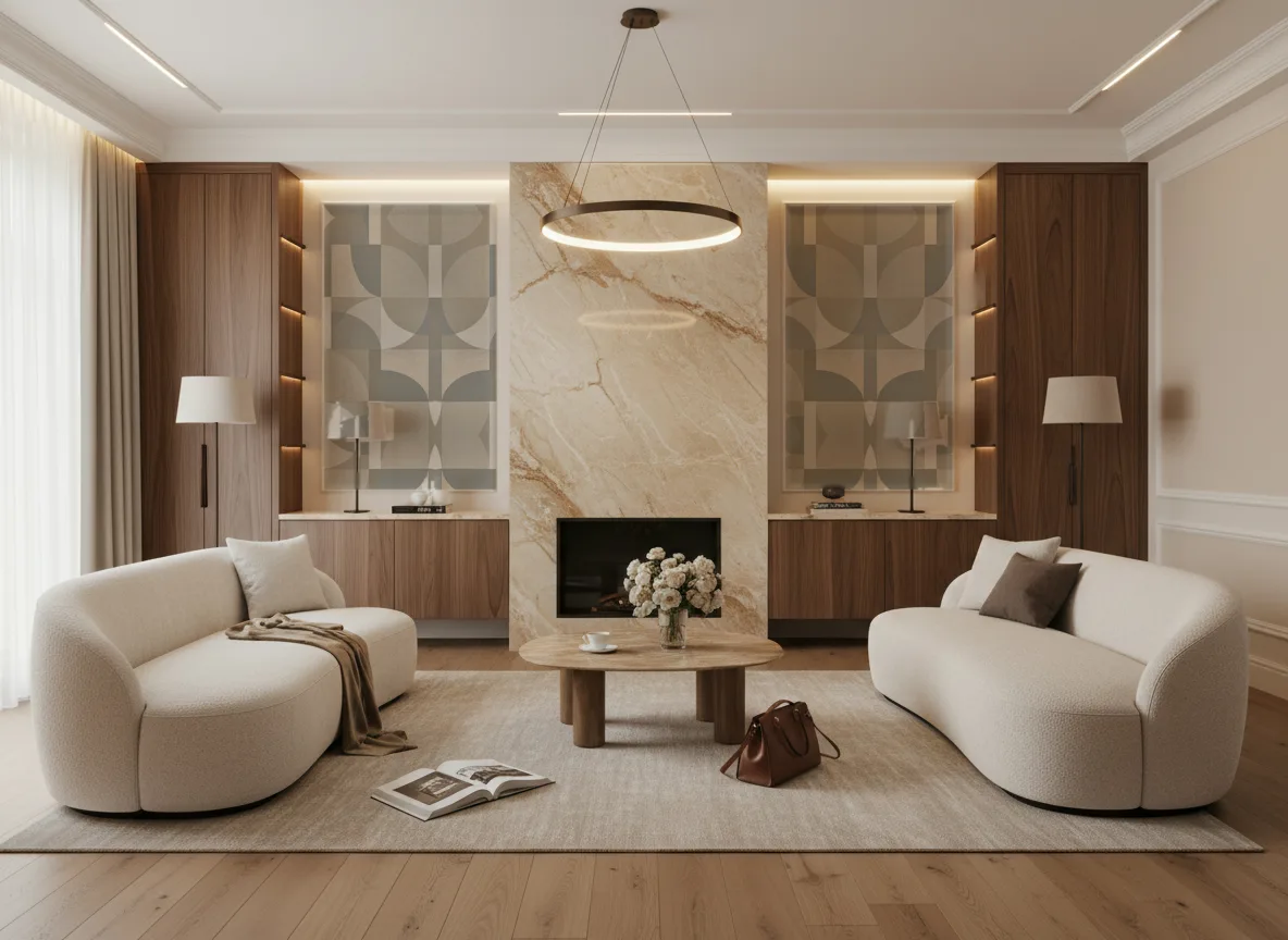Barillet Faubourg des Lumieres — Salon z kominkiem — symetryczne kwatery w listwach