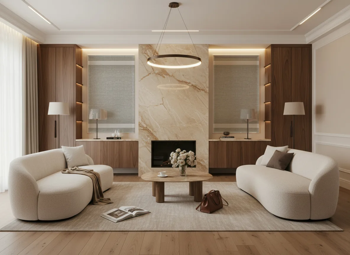 Carioca Rio Madeira — Salon z kominkiem — symetryczne kwatery w listwach