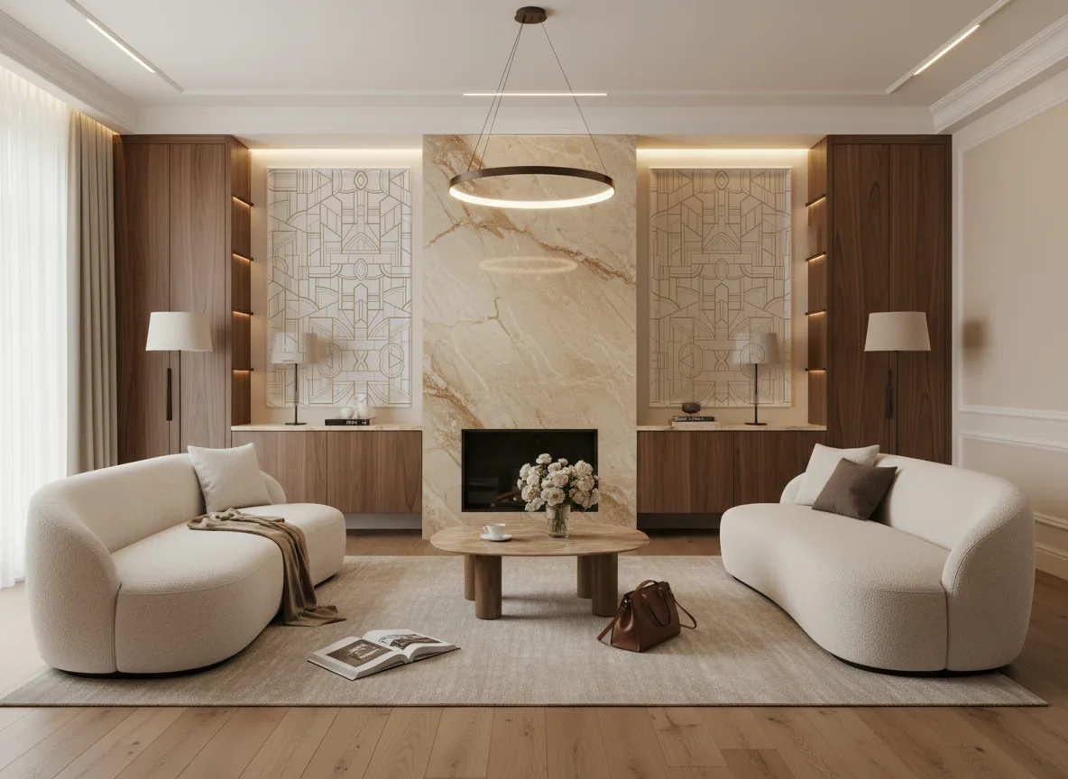 Cinetique Faubourg des Lumieres — Salon z kominkiem — symetryczne kwatery w listwach