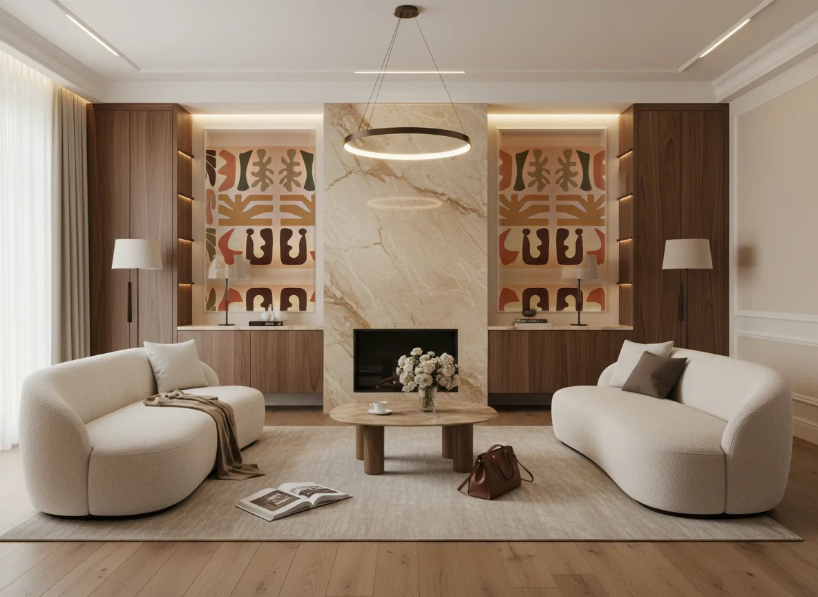 Jorge — Salon z kominkiem — symetryczne kwatery w listwach
