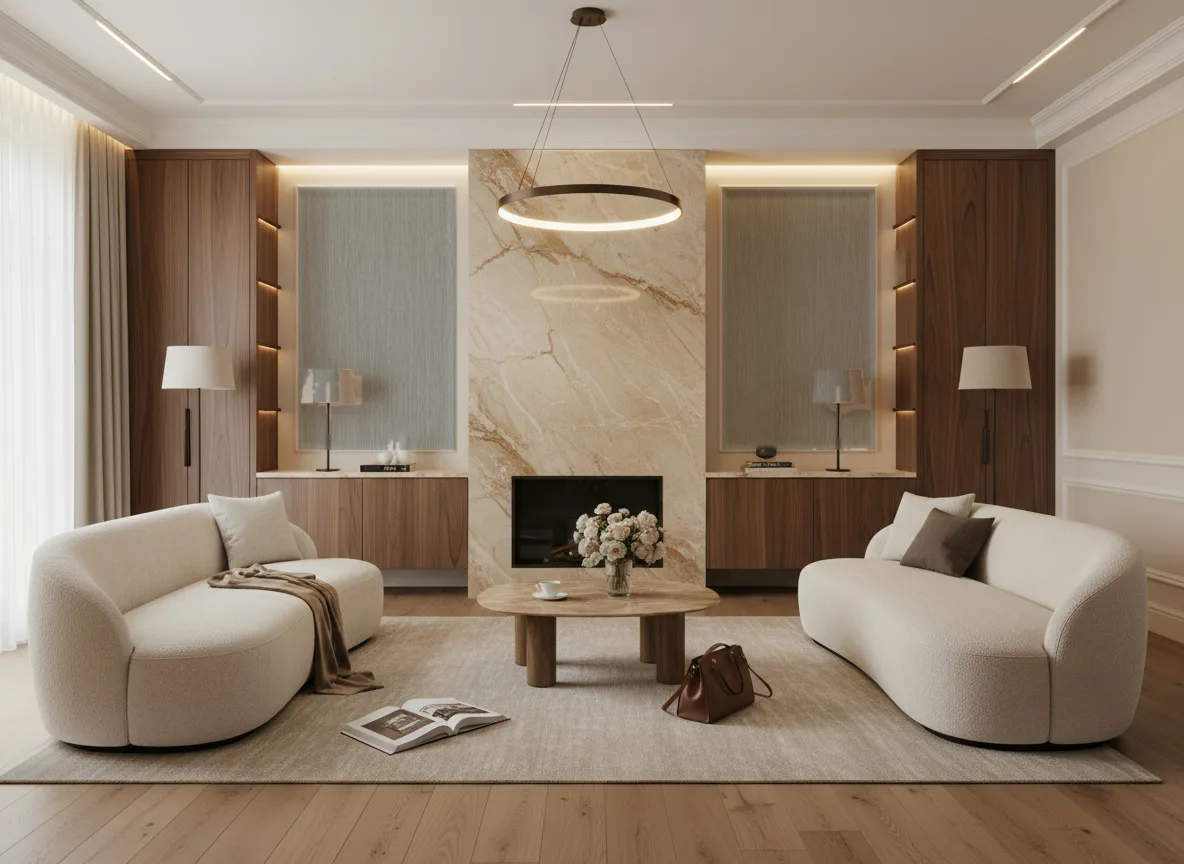 Le Bois — Salon z kominkiem — symetryczne kwatery w listwach