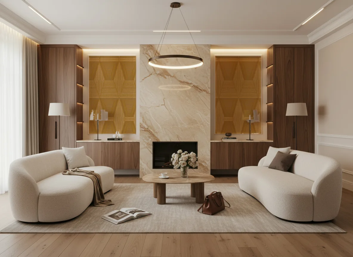 Mirage — Salon z kominkiem — symetryczne kwatery w listwach