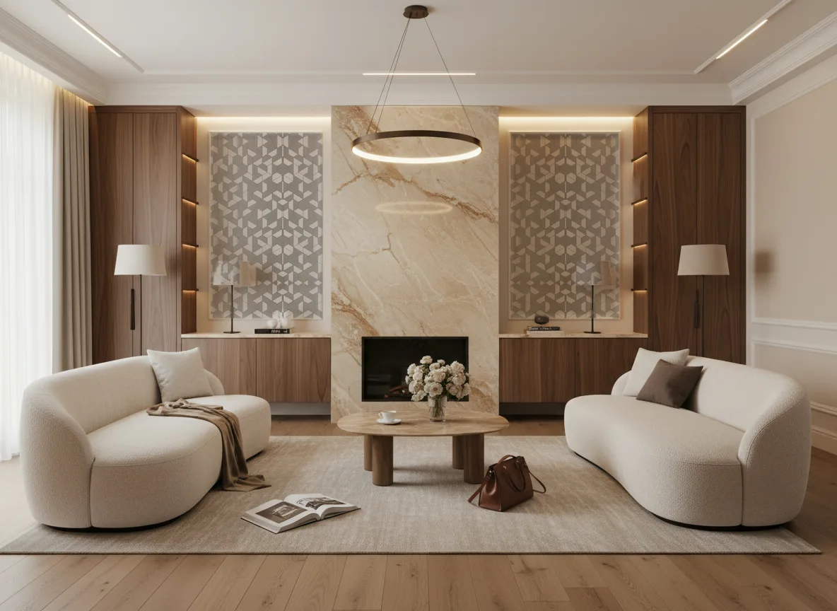 Mosaic Delta — Salon z kominkiem — symetryczne kwatery w listwach
