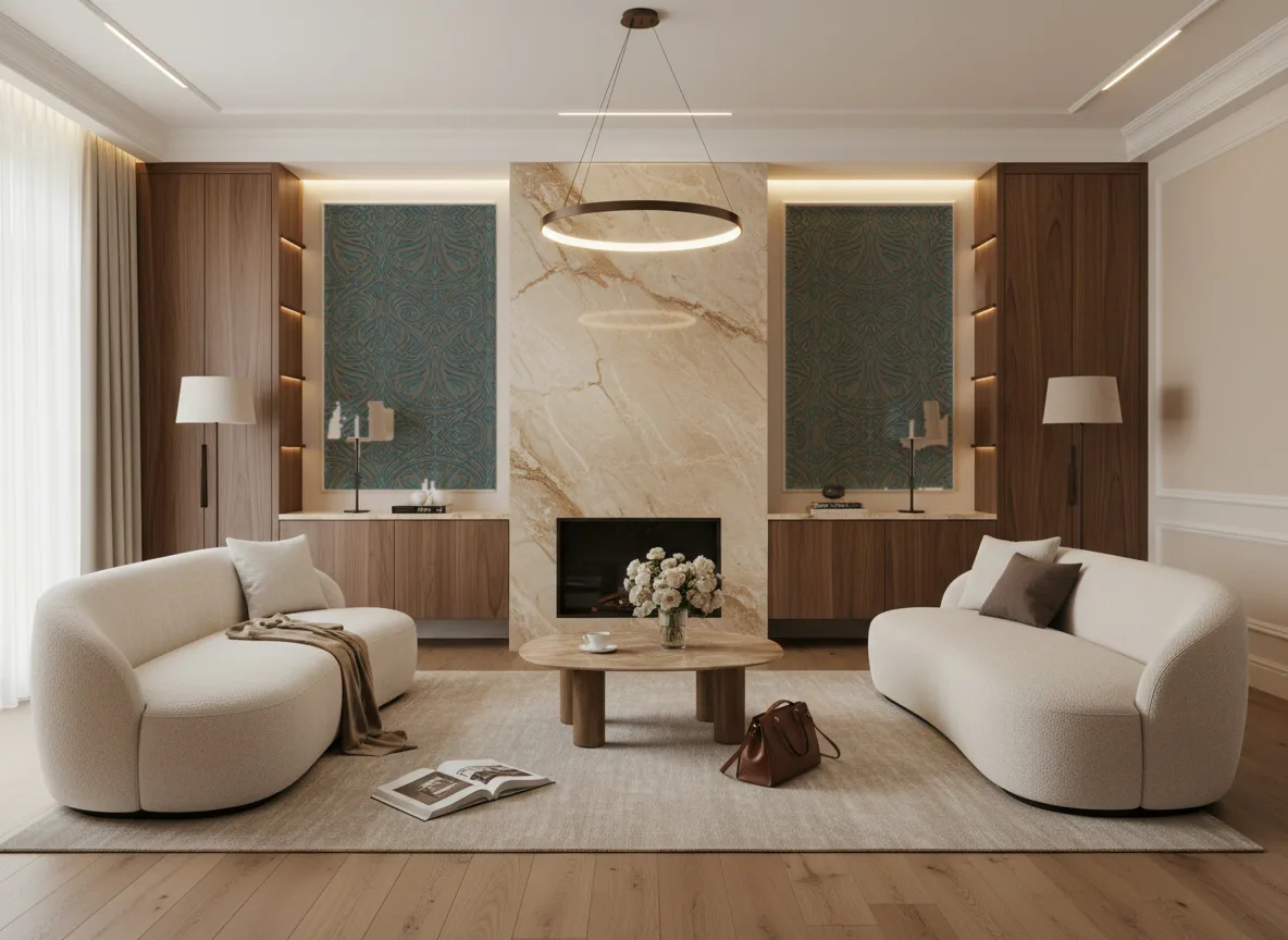 Rabat Mansour — Salon z kominkiem — symetryczne kwatery w listwach