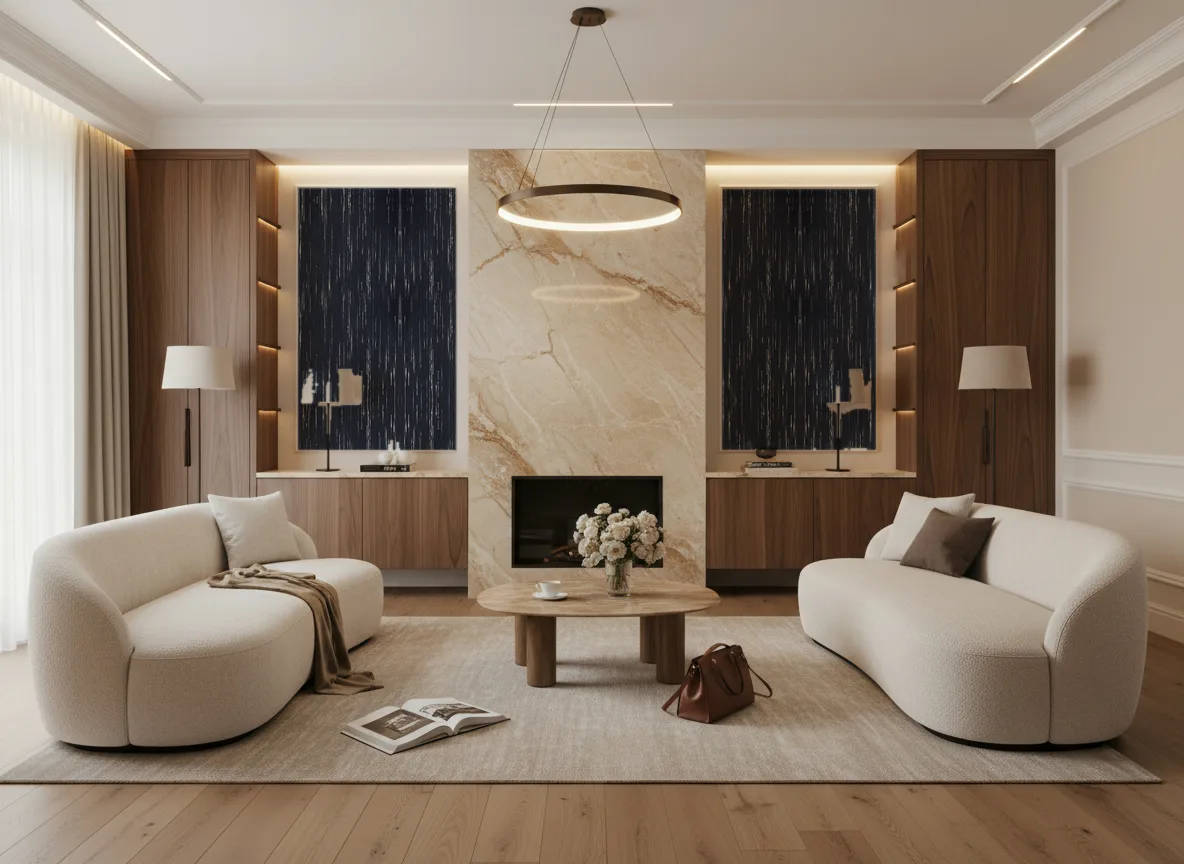 Sequoia Escambray — Salon z kominkiem — symetryczne kwatery w listwach
