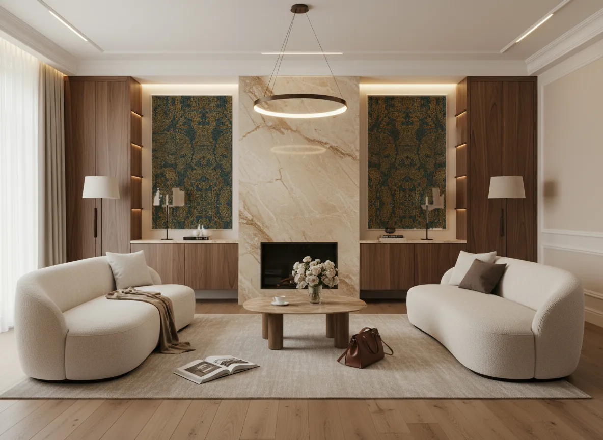 Venetie — Salon z kominkiem — symetryczne kwatery w listwach