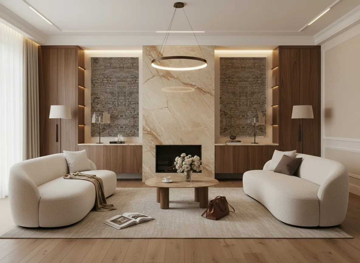 Verdure — Salon z kominkiem — symetryczne kwatery w listwach