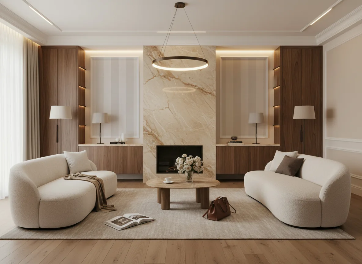Bombay Exclusive — pasy — Salon z kominkiem — symetryczne kwatery w listwach
