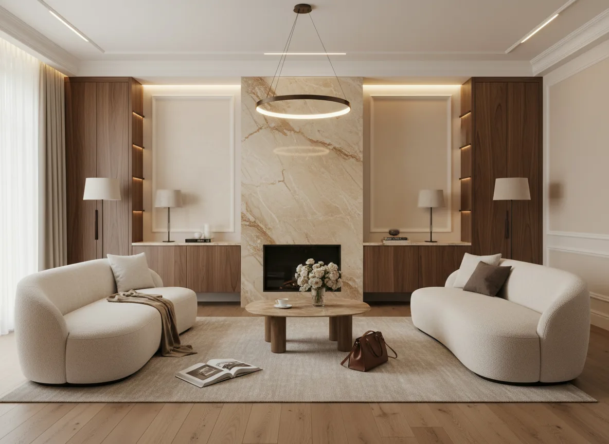 Lime — Salon z kominkiem — symetryczne kwatery w listwach