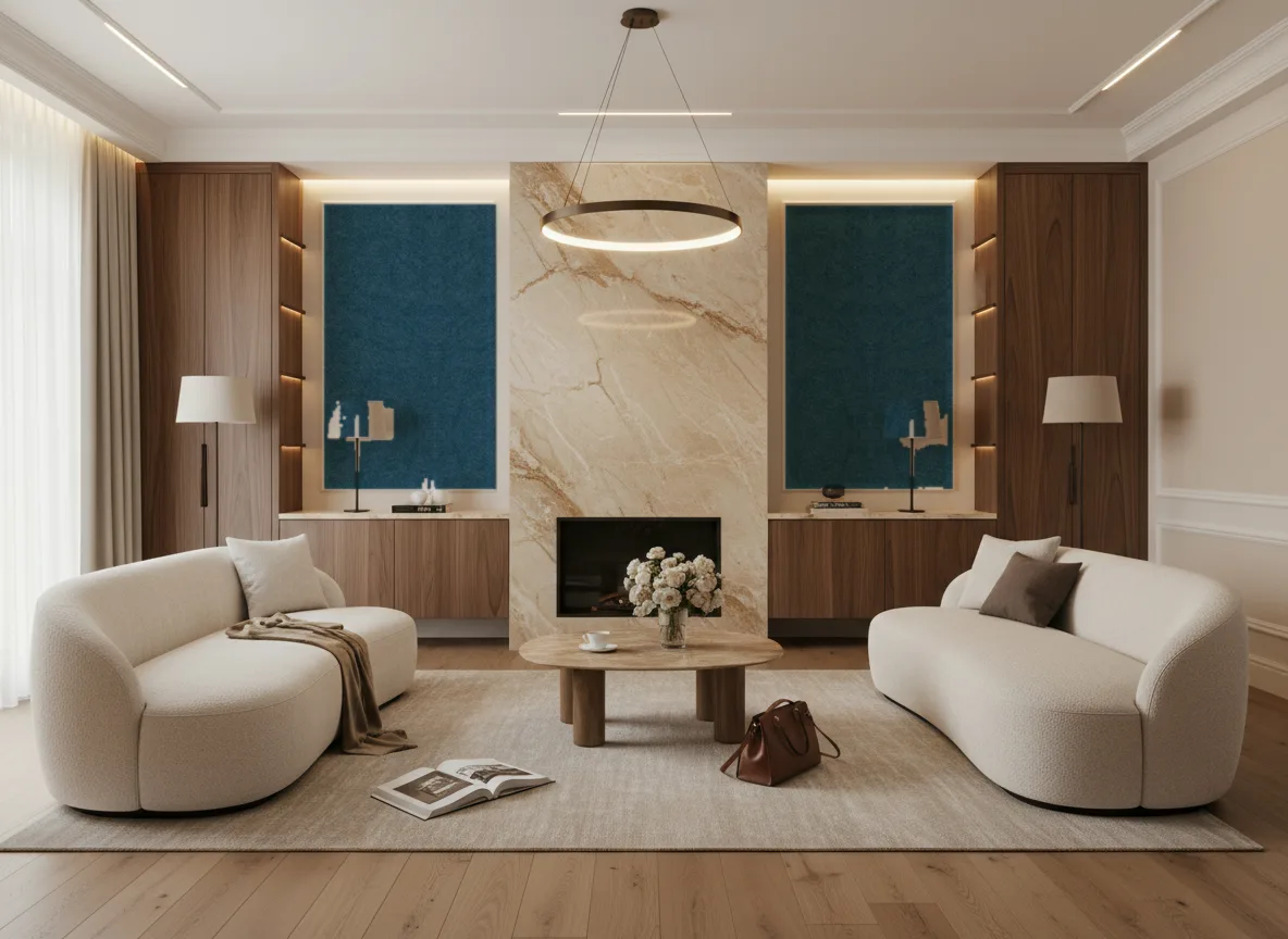 Slimwall Tiles — Salon z kominkiem — symetryczne kwatery w listwach