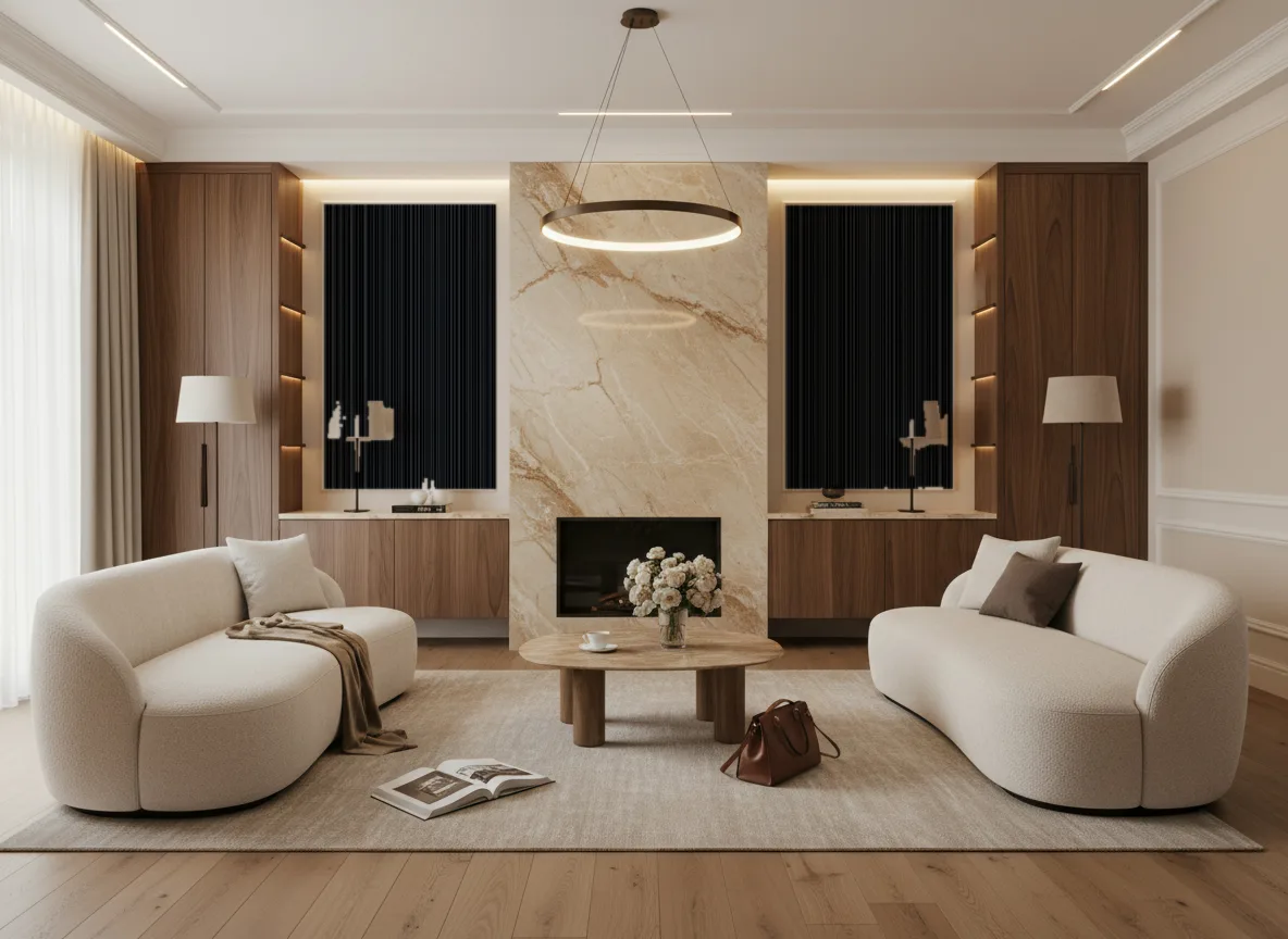 Tapeta obiektowa Harry W01 — Salon z kominkiem — symetryczne kwatery w listwach