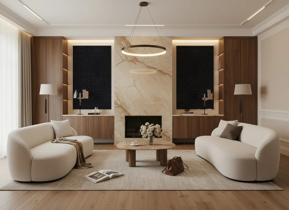 Tapeta obiektowa Milo W29 — Salon z kominkiem — symetryczne kwatery w listwach