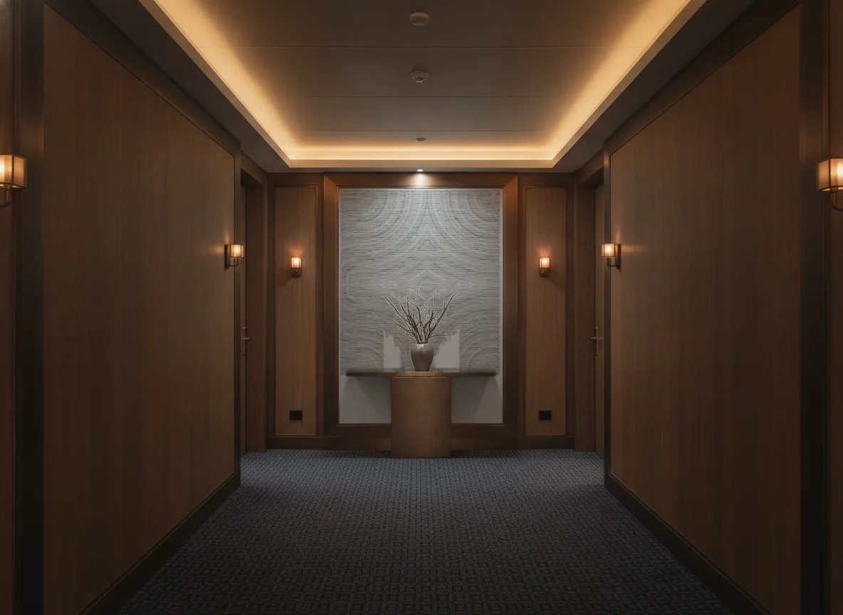 Alentours — Ciemny korytarz hotelowy — ściana na końcu