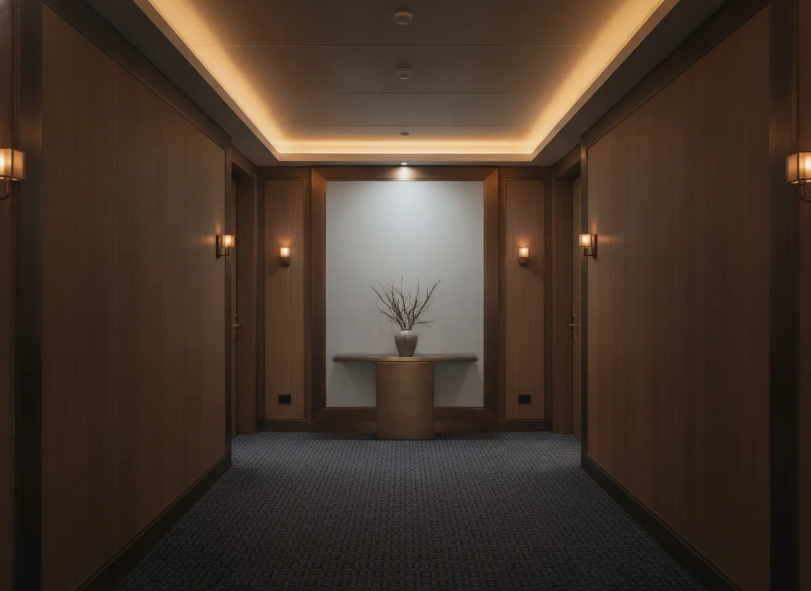 Aleph Delta — Ciemny korytarz hotelowy — ściana na końcu
