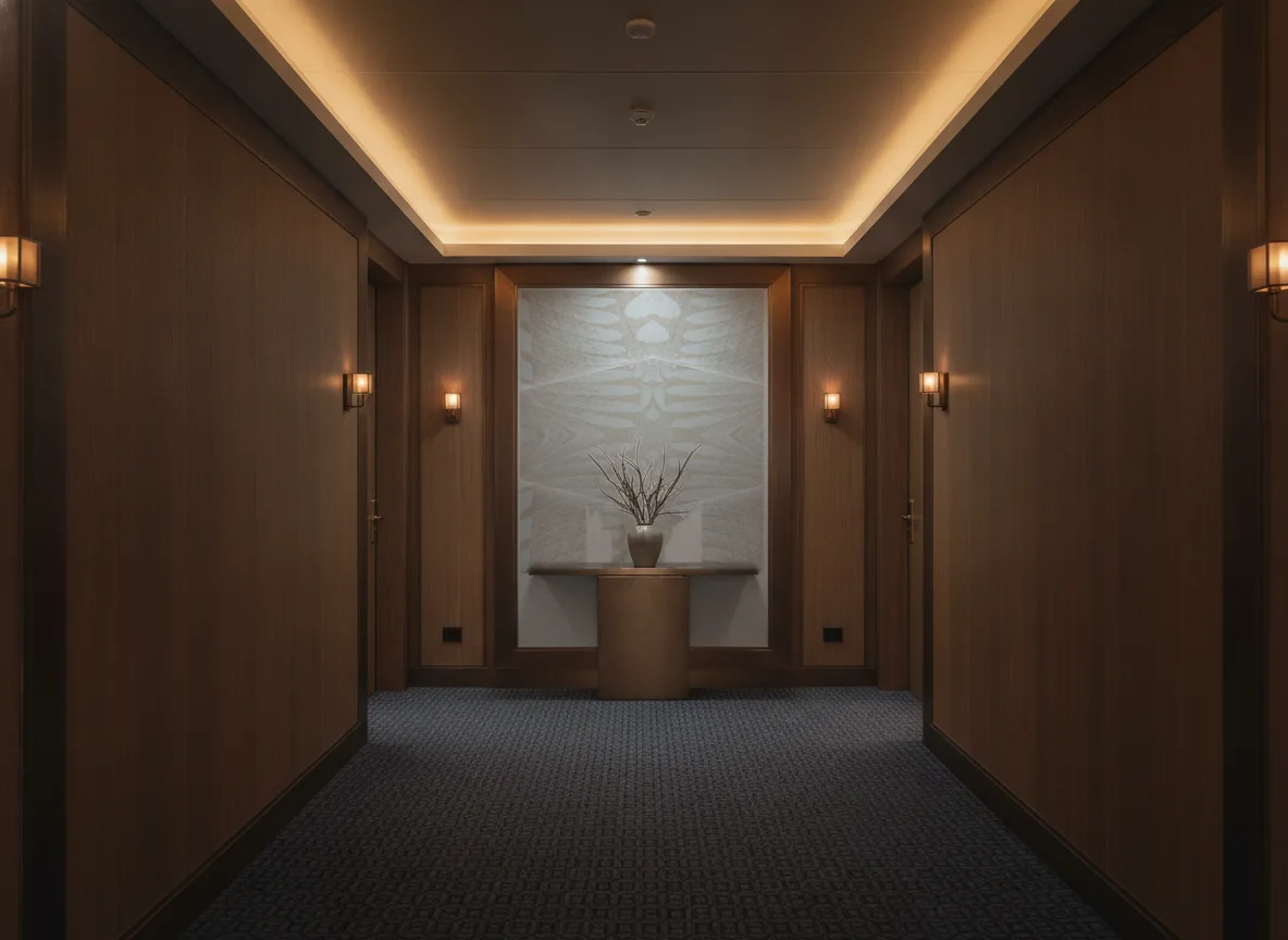 Alisio — Ciemny korytarz hotelowy — ściana na końcu