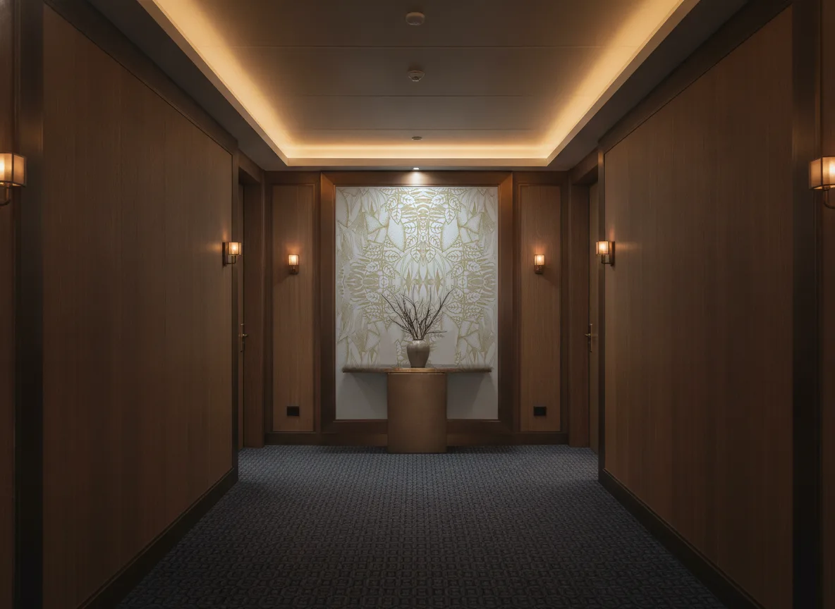 Altaica — Ciemny korytarz hotelowy — ściana na końcu