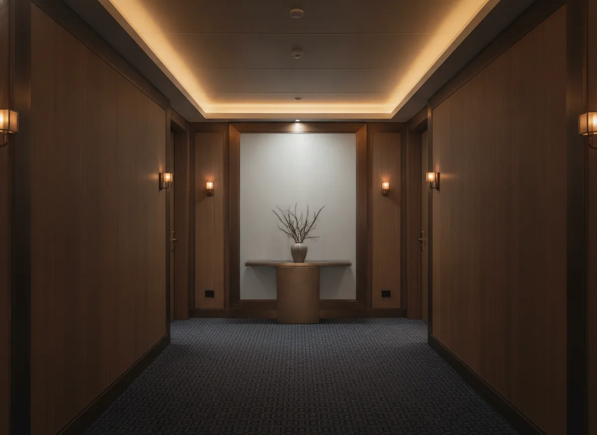 Ankaa — Ciemny korytarz hotelowy — ściana na końcu