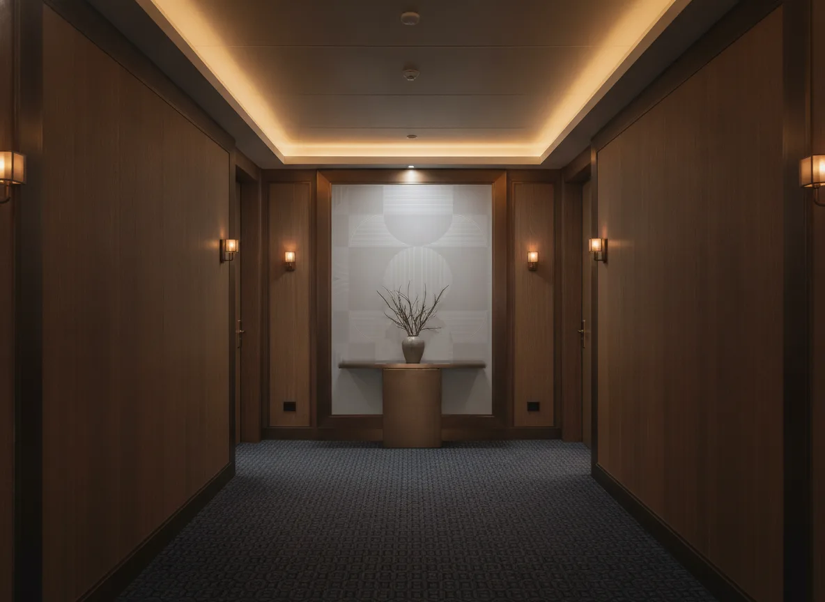 Annees 30 Faubourg des Lumieres — Ciemny korytarz hotelowy — ściana na końcu