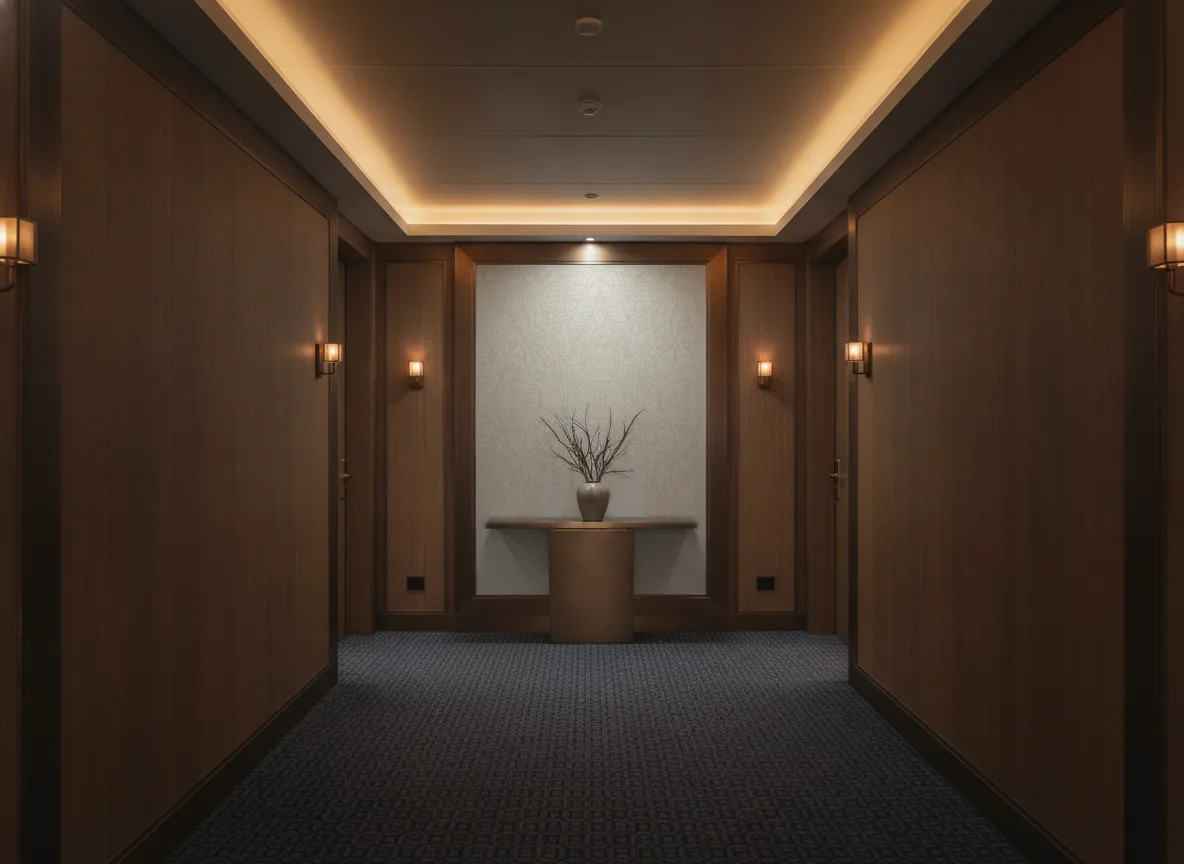 Argania — Ciemny korytarz hotelowy — ściana na końcu